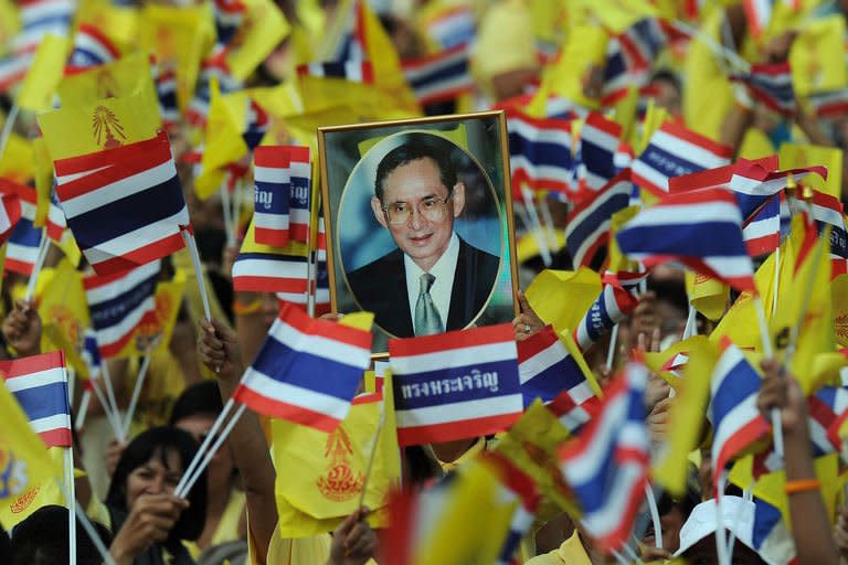A portrait of Thai King Bhumibol Adulyadej (C) is held up as tens of thousands of Thais gather outside the Anantasamakom Throne Hall to celebrate the birthday of the King in Bangkok on December 5, 2012. Thailand's revered king called for unity and stability in the divided nation Wednesday as huge crowds of adoring, flag-waving citizens packed Bangkok