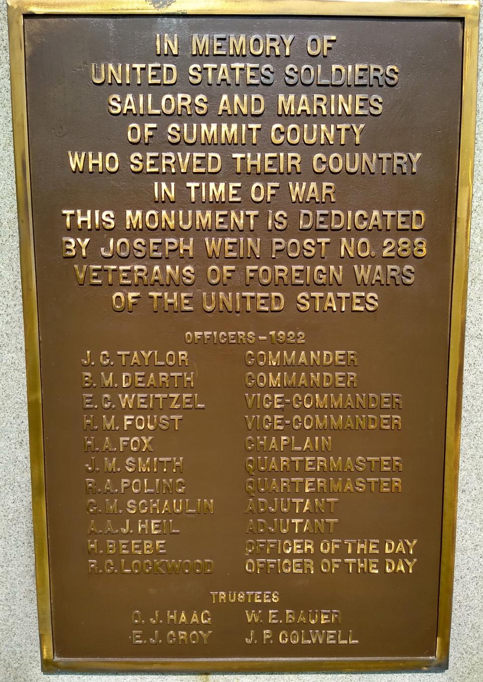 A bronze plaque on the war memorial at Rose Hill Burial Park in Fairlawn lists the 1922 officers of the VFW post that led a drive to build the monument.