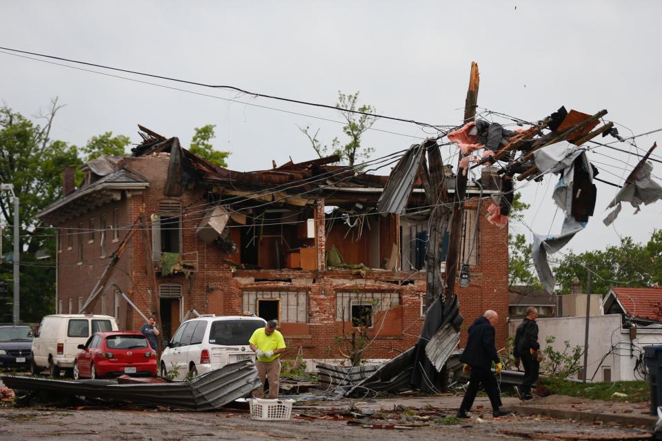 Damaged buildings in Jefferson City, Missouri on May 23, 2019 following an overnight tornado that struck the area.