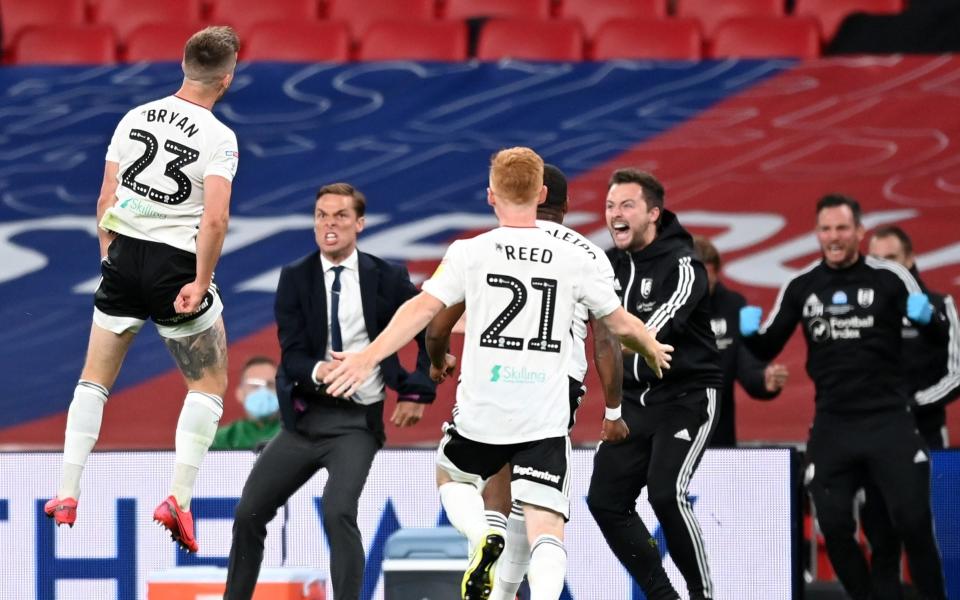 Joe Bryan of Fulham celebrates after scoring his sides first goal during the Sky Bet Championship Play Off Final match between Brentford and Fulham at Wembley Stadium on August 04, 2020 in London, England.  - GETTY IMAGES