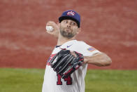 United States' Nicholas Martinez pitches during the first inning of a baseball game against South Korea at the 2020 Summer Olympics, Saturday, July 31, 2021, in Yokohama, Japan. (AP Photo/Sue Ogrocki)