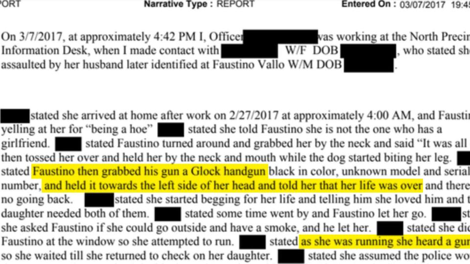 A military agent’s investigation report details allegations Faustino Vallo’s wife made that the soldier pointed a loaded gun at her. (Highlighted by ProPublica)