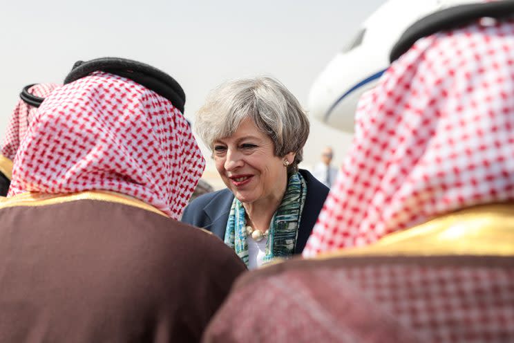 Theresa May in Saudi Arabia. (Photo: Simon Dawson/Bloomberg via Getty Images)