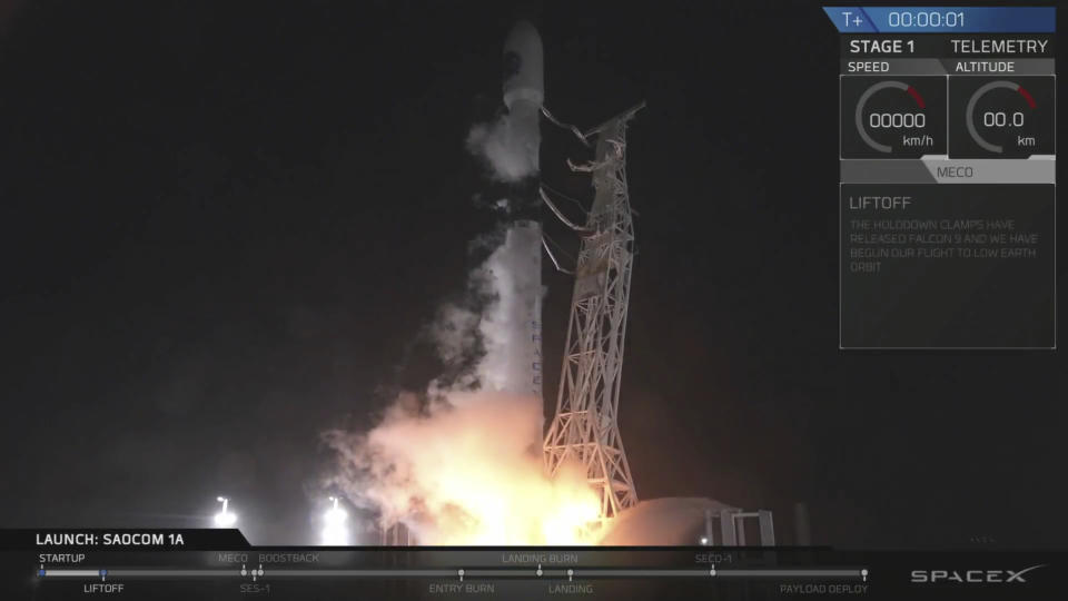 Elon Musk's SpaceX Falcon 9 rocket carrying an Argentinian satellite blasts off from the Vandenberg Air Force Base launch site.