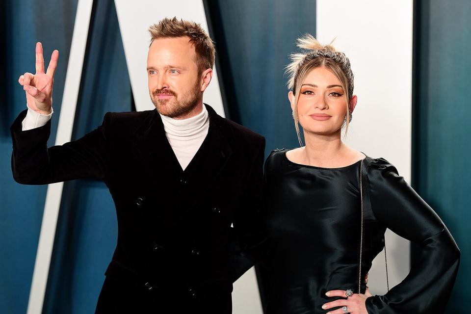 Aaron Paul and Lauren Parsekian come to the <em>Vanity Fair </em>afterparty in peace.