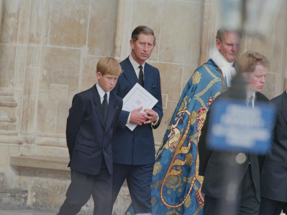 King Charles and Prince Harry at Westminster Abbey for the funeral service for Diana, Princess of Wales, 6th September 1997.