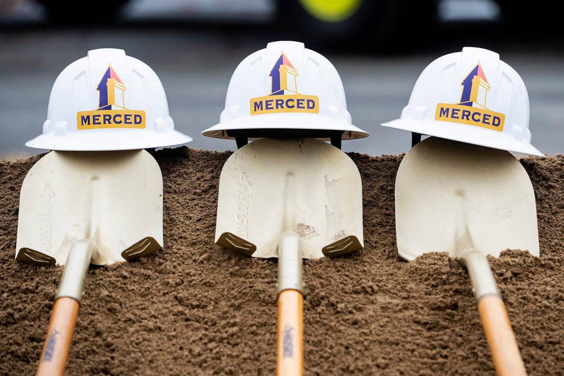 Shovels and hard hats during a groundbreaking ceremony for a $17 million dollar airport terminal replacement project at the Merced Yosemite Regional Airport in Merced, Calif., on Thursday, Dec. 21, 2023. The project will include updates to the existing 1940s-era terminal as well as the construction of a new energy-efficient and sustainable facility.