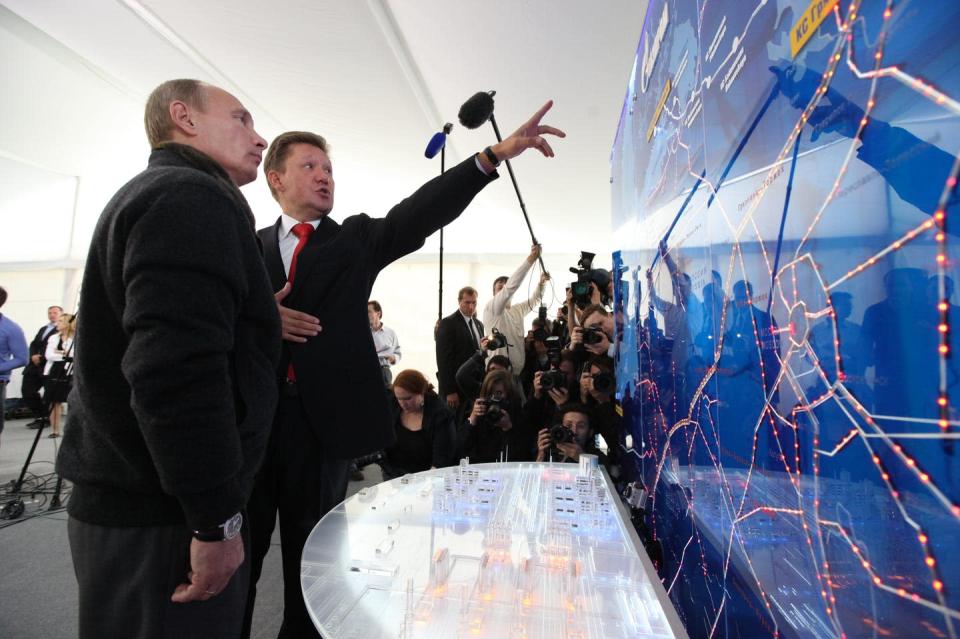 <span class="caption">Russian President Vladimir Putin (left) with Gazprom CEO Alexey Miller at a launch ceremony for the Nord Stream gas pipeline, Sept. 6, 2011, in Vyborg, Russia.</span> <span class="attribution"><a class="link " href="https://www.gettyimages.com/detail/news-photo/russian-prime-minister-vladimir-putin-listens-to-gazprom-news-photo/123930430" rel="nofollow noopener" target="_blank" data-ylk="slk:Sasha Mordovets/Getty Images">Sasha Mordovets/Getty Images</a></span>