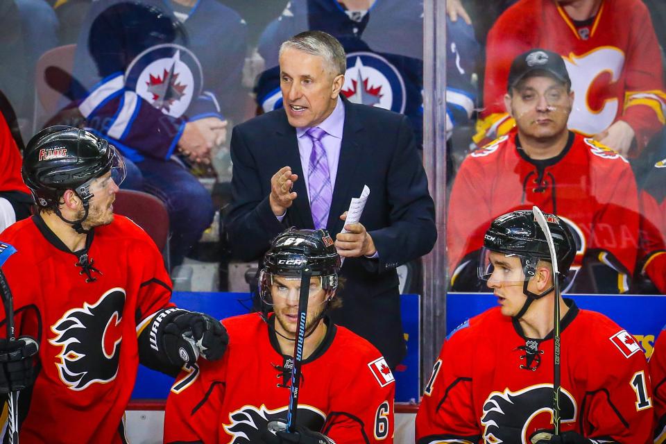 Mar 16, 2016; Calgary, Alberta, CAN; Calgary Flames head coach Bob Hartley reacts on his bench against the Winnipeg Jets during the third period at Scotiabank Saddledome. Calgary Flames won 4-1. Mandatory Credit: Sergei Belski-USA TODAY Sports