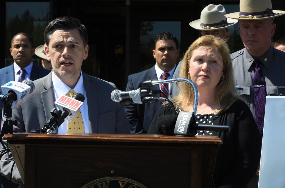 James and Karen Whalen, brother-in-law and sister of Megan McDonald, speak during a press conference about the arrest of Edward Holley on April 20, 2023.