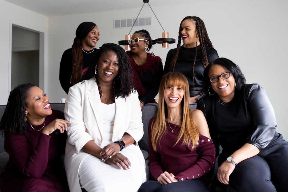 The organizers of Cincinnati’s inaugural Black Wine Festival: Chadrian Mullins-Hall (back left), Candice Crowley (back middle), Alexandra White (back right), Antonia Davis (front left), Natasha Williams (front middle), Kea Frazier (front middle) and Katrina Brown. Black Wine Festival will be held at Sugar Lofts Event Center, a Black-owned event space in Liberty Township, Feb. 18.