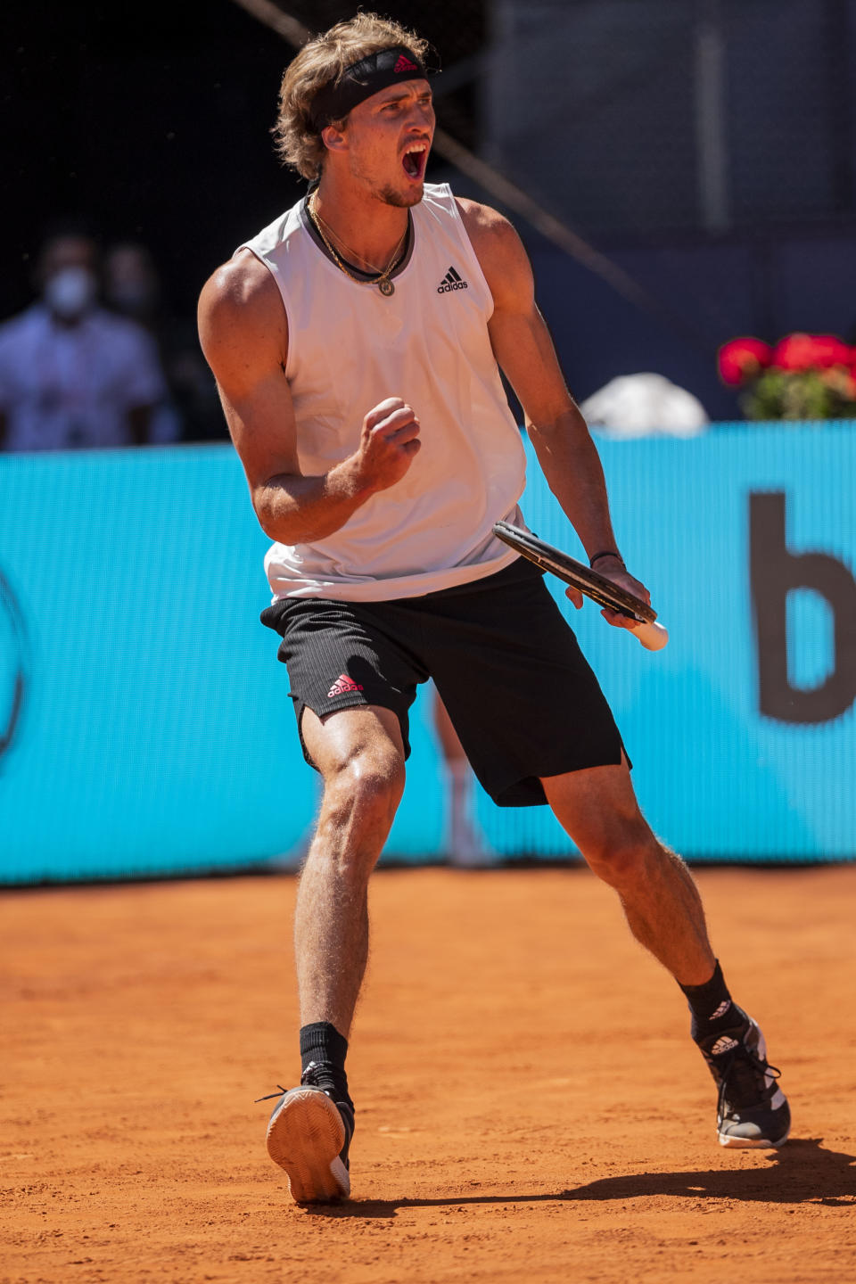 Germany's Alexander Zverev celebrates a point against Spain's Rafael Nadal during their match at the Mutua Madrid Open tennis tournament in Madrid, Spain, Friday, May 7, 2021. (AP Photo/Bernat Armangue)