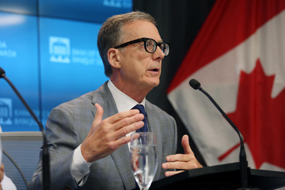 Tiff Macklem, Governor of the Bank of Canada, speaks during a news conference after announcing the Monetary Policy Report, at the Bank of Canada auditorium in Ottawa, Ontario, Canada, on July 12, 2023. Canada's central bank raised its key interest rate by 25 basis points to five percent, its highest level since 2001. While the Bank of Canada acknowledged that global inflation was easing, it explained its decision -- which was in line with analyst expectations -- by saying: 