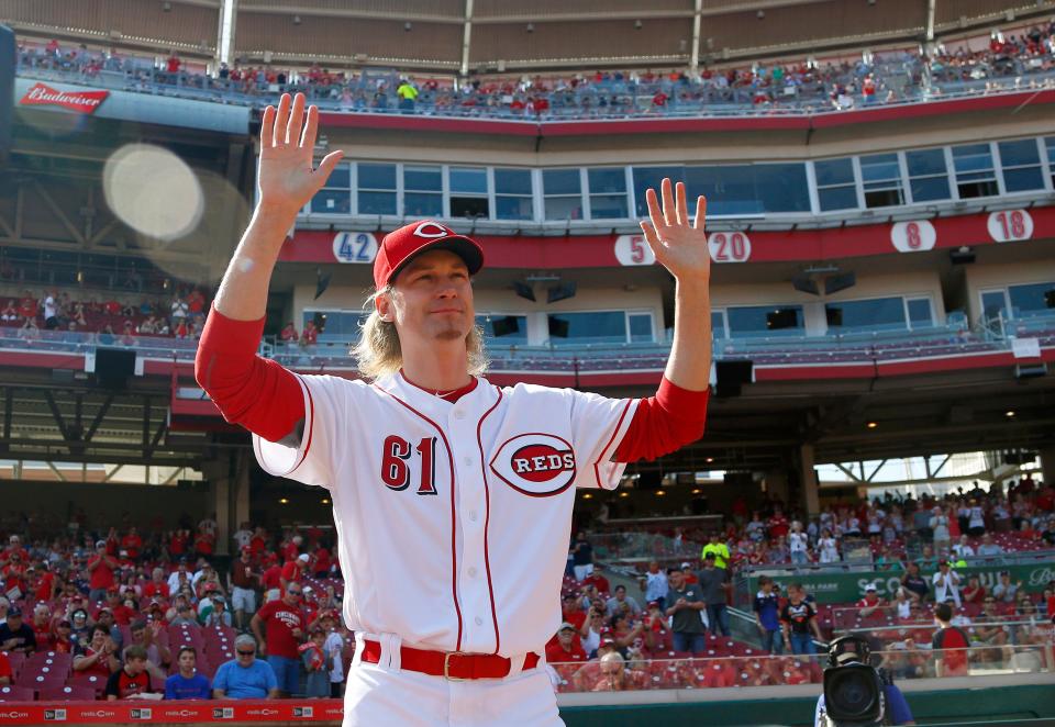 Sep 23, 2017; Cincinnati, OH, USA; Cincinnati Reds starting pitcher Bronson Arroyo walks on the field at the beginning of tribute honoring his career before a game with the Boston Red Sox at Great American Ball Park. Mandatory Credit: David Kohl-USA TODAY Sports