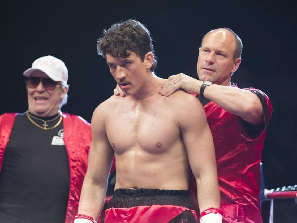 Ciarán Hinds as Angelo Pazienza, the father of Vinny Pazienza (Miles Teller) with his manager Kevin Rooney (Aaron Eckhart) in Ben Younger's boxing drama 'Bleed For This'