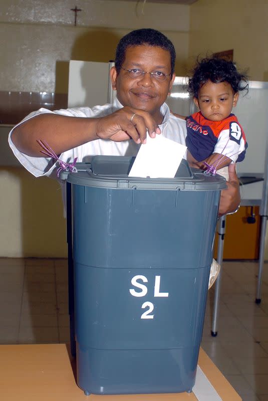 Seychelles presidential candidate Ramkalawan casts his vote at a polling station in St. Louise constituency