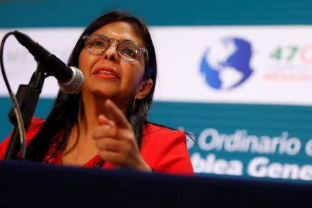 Venezuelan Foreign Minister Delcy Rodriguez speaks during a news conference on the sidelines of the OAS 47th General Assembly in Cancun, Mexico June 20, 2017. REUTERS/Carlos Jasso