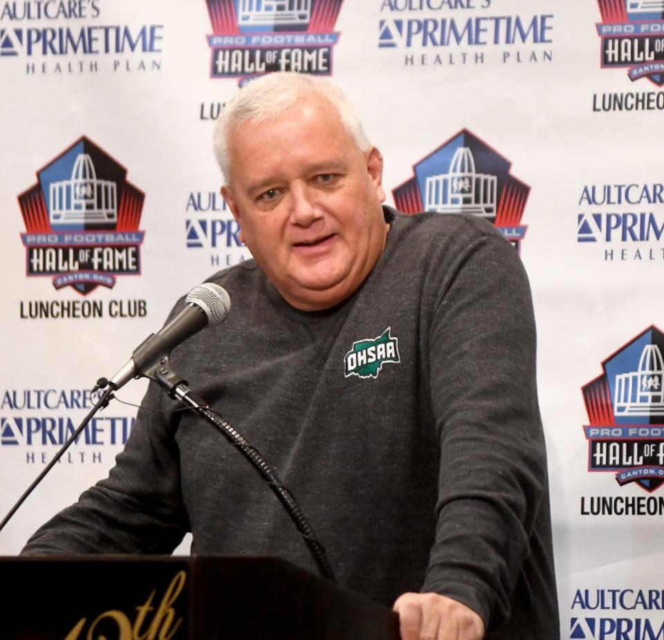 Doug Ute, OHSAA Executive Director, speaks at the Pro Football Hall of Fame Luncheon Club. Monday, November 27, 2023.