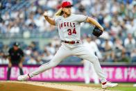 Los Angeles Angels' Noah Syndergaard (34) pitches during the first inning of a baseball game against the New York Yankees Tuesday, May 31, 2022, in New York. (AP Photo/Frank Franklin II)