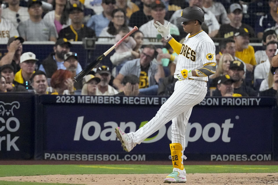 San Diego Padres' Juan Soto reacts after striking out during the sixth inning in Game 1 of the baseball NL Championship Series between the San Diego Padres and the Philadelphia Phillies on Tuesday, Oct. 18, 2022, in San Diego. (AP Photo/Ashley Landis)