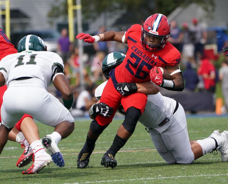 Stepinac's Lorenzo Robinson (26) with a carry during their 34-21 win over DePaul Catholic (Wayne, N.J.) in football action at Archbishop Stepinac High School in White Plains on Saturday, September 16, 2023.