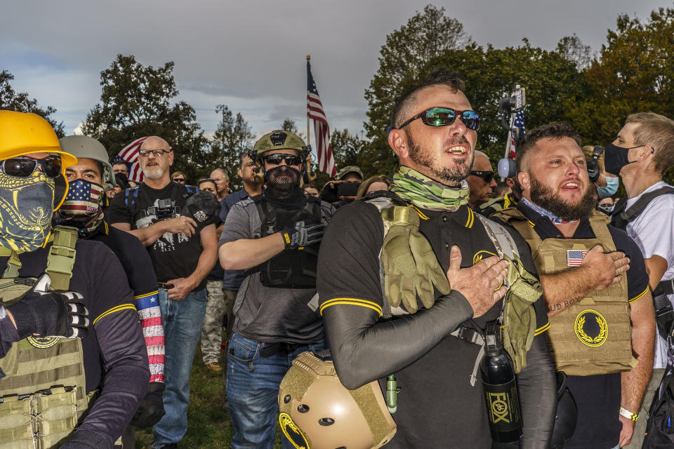 Hundreds of far-right Proud Boys and their supporters held a rally in Delta Park in Portland, Ore., on Sept. 26, 2020.<span class="copyright">Mark Peterson—Redux</span>