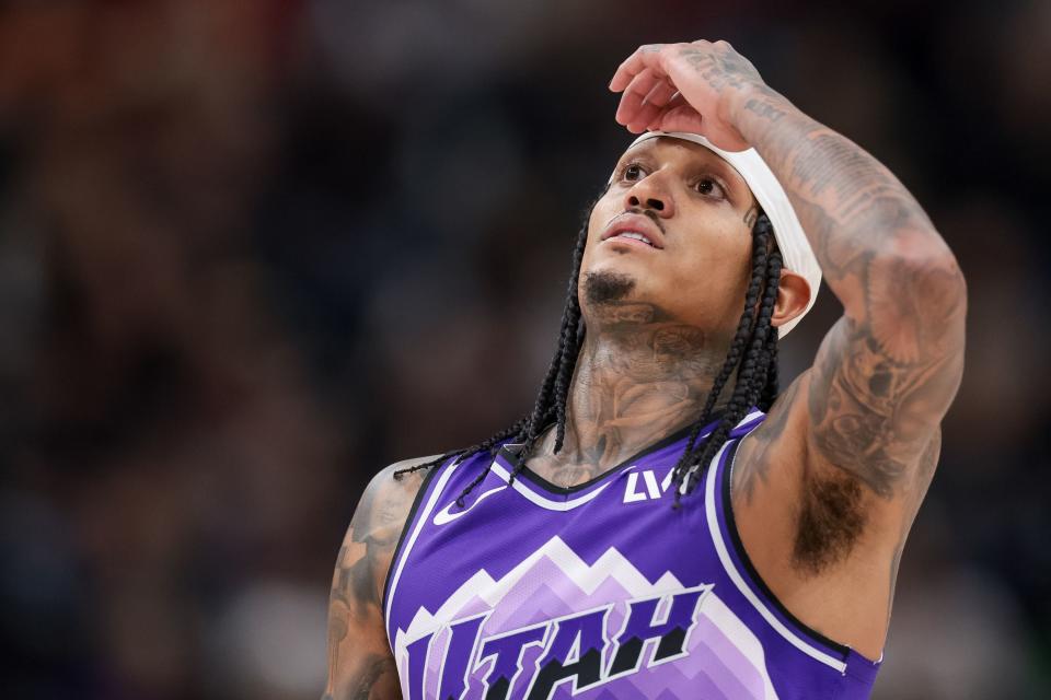 Utah Jazz guard Jordan Clarkson (00) reacts as the Jazz trail the LA Clippers in the first half at the Delta Center in Salt Lake City on Friday, Dec. 8, 2023.