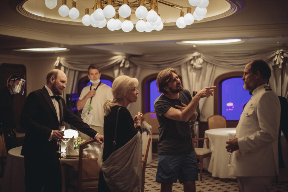 Ruben Östlund, second from right, with the cast of “Triangle of Sadness.” - Credit: Tobias/Plattform Produktion