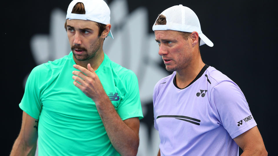 Lleyton Hewitt and Jordan Thompson at the Sydney International. (Photo by Jason McCawley/Getty Images)