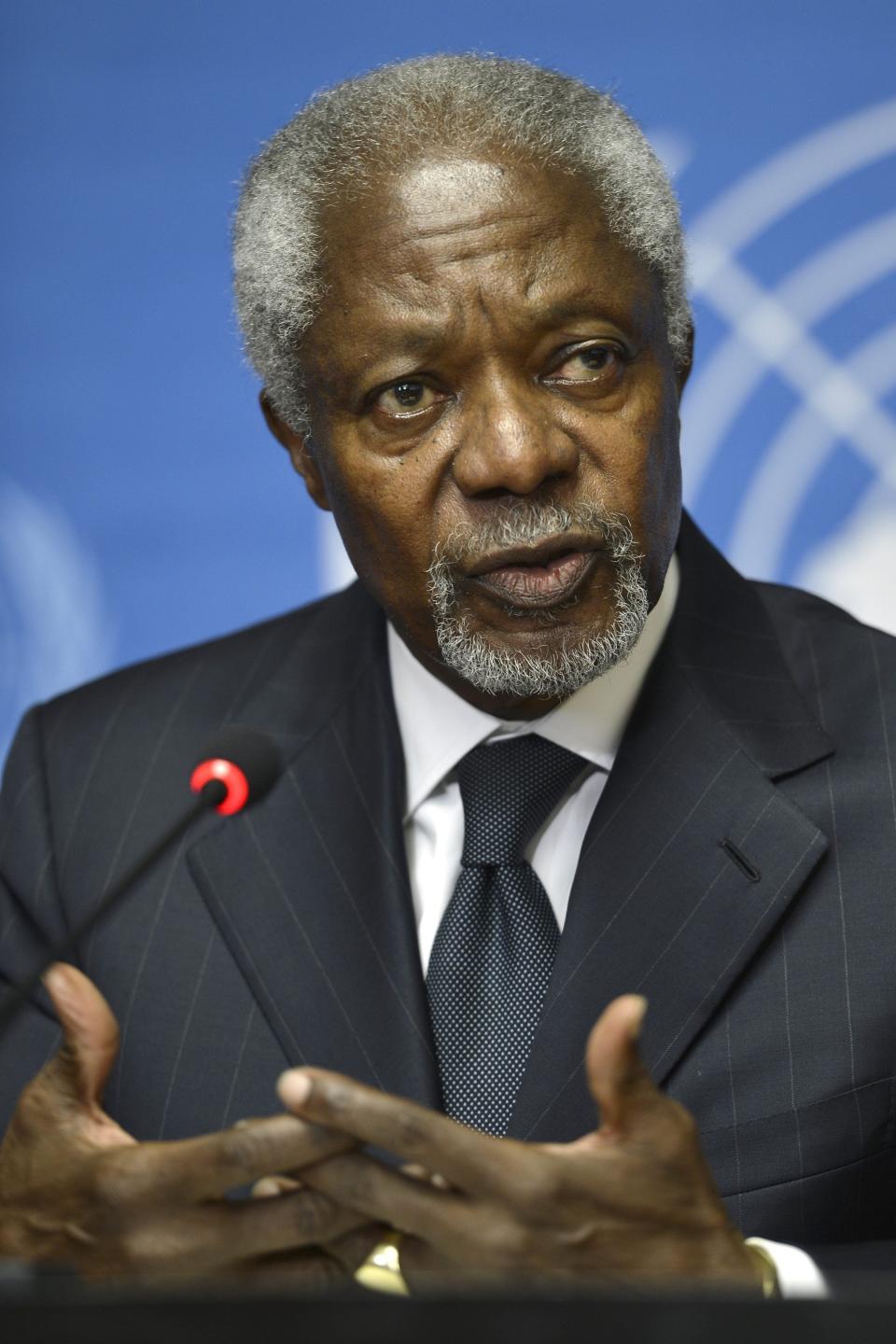 FILE - In this Thursday Aug. 2, 2012 file photo Kofi Annan speaks during a press briefing, at the European headquarters of the United Nations, UN, in Geneva, Switzerland. Annan, one of the world's most celebrated diplomats and a charismatic symbol of the United Nations who rose through its ranks to become the first black African secretary-general, has died. He was 80. (Martial Trezzini, Keystone via AP, File)