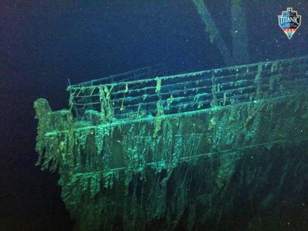 The Titanic’s iconic bow juts out in an image from the 2021 Titanic Survey Expedition. (OceanGate Photo)