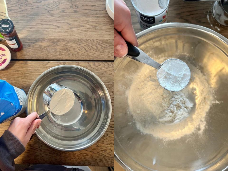 Mixing flour and baking powder into a large bowl.