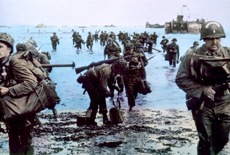 <span class="caption">Nazi Germany had weaponised nerve agents, but never used them against Allied troops, pictured here landing during D-Day.</span> <span class="attribution"><a class="link " href="https://www.shutterstock.com/download/success?src=lYJPL9zKmaHJwIetJmUSBA-1-2" rel="nofollow noopener" target="_blank" data-ylk="slk:Shutterstock;elm:context_link;itc:0;sec:content-canvas">Shutterstock</a></span>