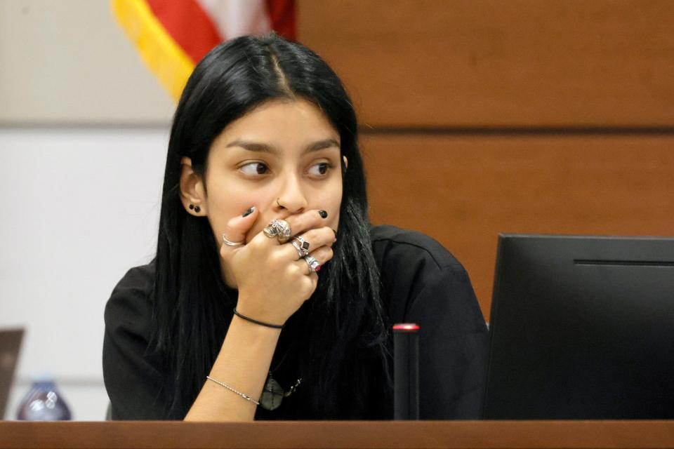 Former Marjory Stoneman Douglas High School student Ashley Baez describes the gunshot wounds she sustained to her leg during the rampage at the school. Marjory Stoneman Douglas High School shooter Nikolas Cruz is being tried in the penalty phase of his trial at the Broward County Courthouse in Fort Lauderdale on Wednesday, July 20, 2022. Cruz previously plead guilty to all 17 counts of premeditated murder and 17 counts of attempted murder in the 2018 shootings.