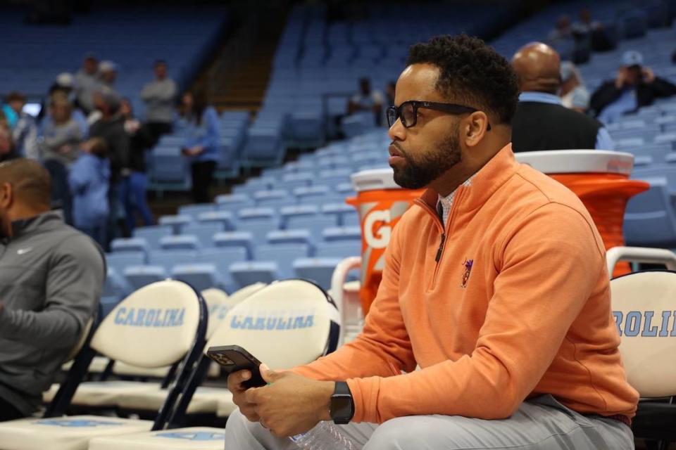 Watch a Clemson men’s basketball game on TV, and you’ll probably catch a shot of Kevin White sitting behind the team bench. As the designated sports administrator for the team, he oftens travels with the Tigers, like he did for their memorable Feb. 6 upset of then-No. 3 UNC in the Smith Center. Courtesy of Clemson Athletics