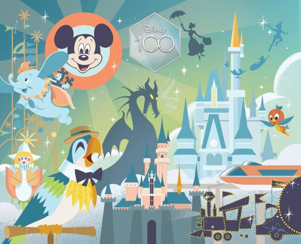 An illustration created for the The Walt Disney Company 100th anniversary showing Disney history