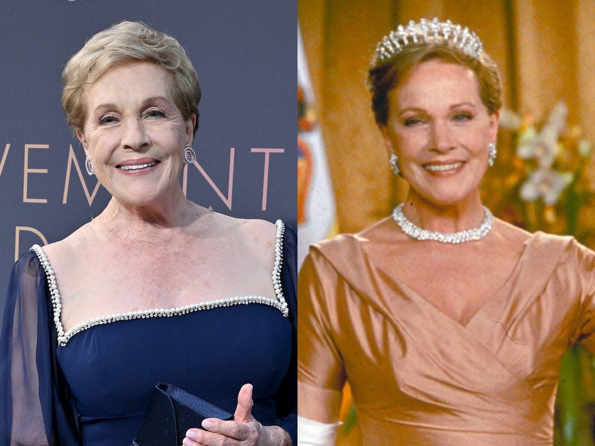 A side-by-side image of Julie Andrews in a navy gown on the red carpet in 2022, left; right, Queen Clarisse Renaldi smiles in a pink gown and tiara in this still from "The Princess Diaries."