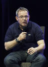 FILE - This file photo provided on Monday, June 10, 2013 by Prix Bayeux and dated Oct. 9, 2012, shows French journalist Didier Francois gesturing during a debate held in Bayeux, western France, as part of the Prix Bayeux Award. President Francois Hollande's office said in a statement Saturday April 19, 2014 he feels "immense relief" after learning Saturday of the release of Edouard Elias, Didier Francois, Nicolas Henin and Pierre Torres _ all said to be in good health despite "very trying conditions" of their captivity. (AP Photo/Mikael Quemener, Prix Bayeux, File)