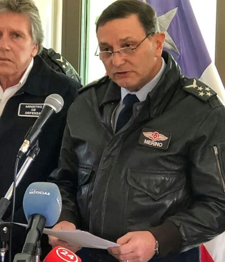 Chilean Air Force General Commander Arturo Merino (R) speaks during a press conference at the Chabunco Military base in Punta Arenas