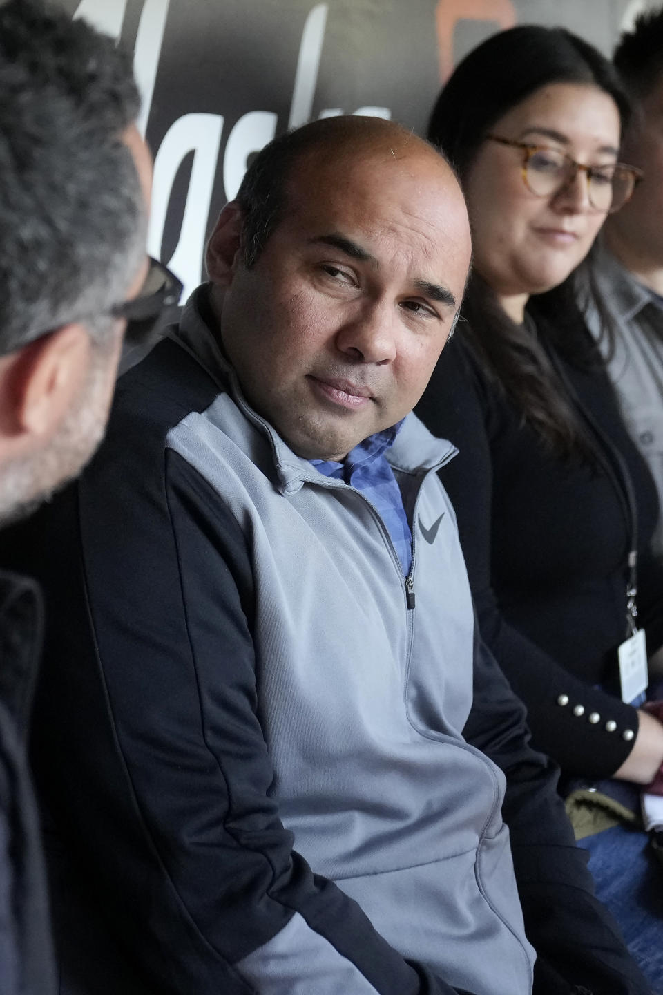 San Francisco Giants president of baseball operations Farhan Zaidi speaks to reporters in San Francisco, Tuesday, Oct. 3, 2023. (AP Photo/Jeff Chiu)