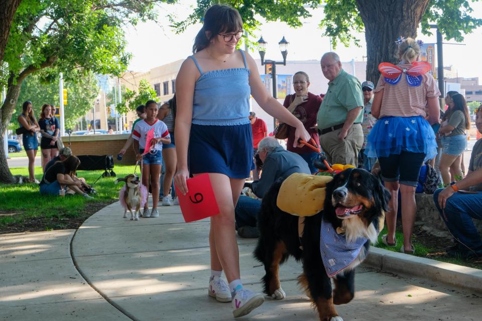 Claudia Bush and her hot dog of a canine Augie, winner of best in show, stroll past the judges during the patriotic pet parade Saturday morning at the Amarillo Community Market in downtown Amarillo.