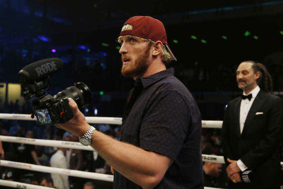 MIAMI, FLORIDA - JANUARY 30:  Logan Paul looks on after his brother, Jake Paul, defeated AnEsonGib in a first round knockout during their fight at Meridian at Island Gardens on January 30, 2020 in Miami, Florida. (Photo by Michael Reaves/Getty Images)