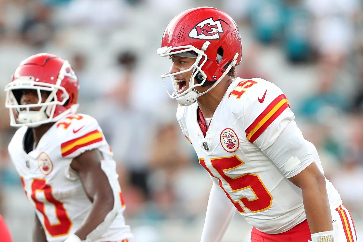 JACKSONVILLE, FLORIDA - AUGUST 10: Patrick Mahomes #15 of the Kansas City Chiefs in action during the first half of the NFL preseason game against the Jacksonville Jaguars at EverBank Stadium on August 10, 2024 in Jacksonville, Florida. (Photo by Courtney Culbreath/Getty Images)