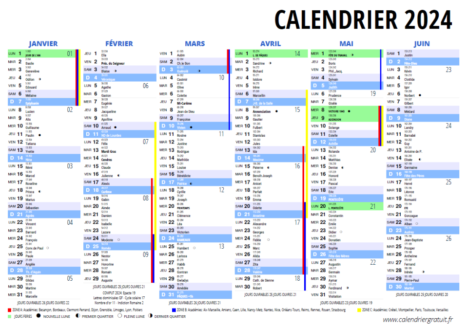 Le calendrier 2024 avec les jours fériés (de janvier à juin)