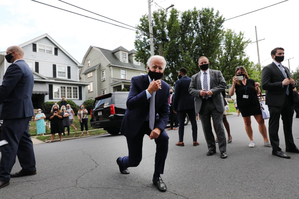 Joe Biden stops in front of his childhood home on July 09, 2020 in Scranton, Pennsylvania. The former vice president, who grew up Scranton, toured a metal works plant in Dunmore in northeastern Pennsylvania and spoke about his economic recovery plan: Getty Images