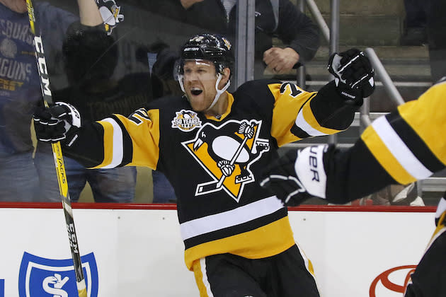 Pittsburgh Penguins’ Patric Hornqvist (72) celebrates his goal in the second period of an NHL hockey game against the Columbus Blue Jackets in Pittsburgh, Tuesday, April 4, 2017. (AP Photo/Gene J. Puskar)