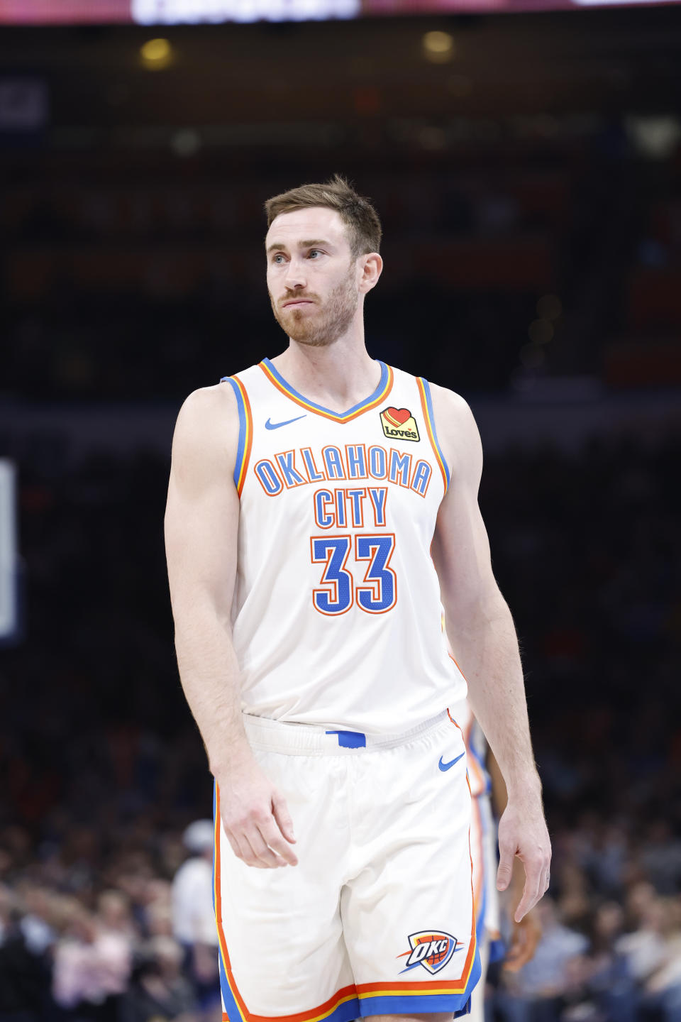 Feb 22, 2024; Oklahoma City, Oklahoma, USA; Oklahoma City Thunder forward <a class="link " href="https://sports.yahoo.com/nba/players/4724/" data-i13n="sec:content-canvas;subsec:anchor_text;elm:context_link" data-ylk="slk:Gordon Hayward;sec:content-canvas;subsec:anchor_text;elm:context_link;itc:0">Gordon Hayward</a> (33) walks down the court during a time out against the LA Clippers in the second half at Paycom Center. Mandatory Credit: Alonzo Adams-USA TODAY Sports