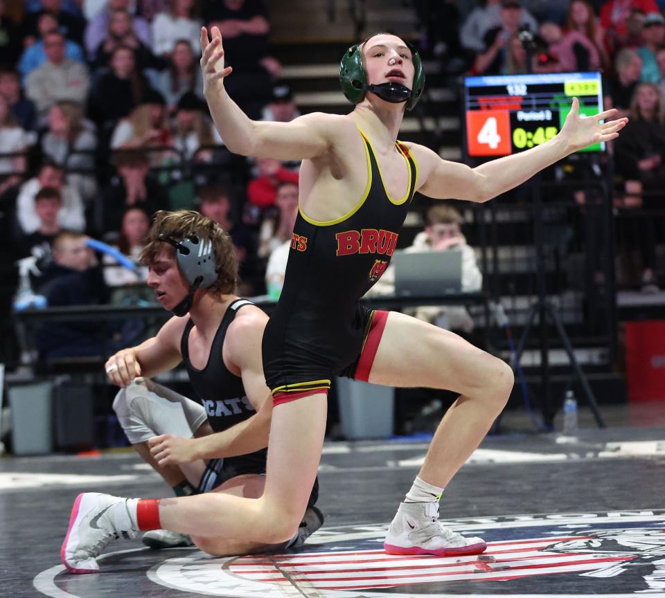 Gale Harman, Mountain View, celebrates his win at 132 lbs. in the 4A boys wrestling state championships at UVU in Orem on Saturday, Feb. 17, 2024. | Jeffrey D. Allred, Deseret News