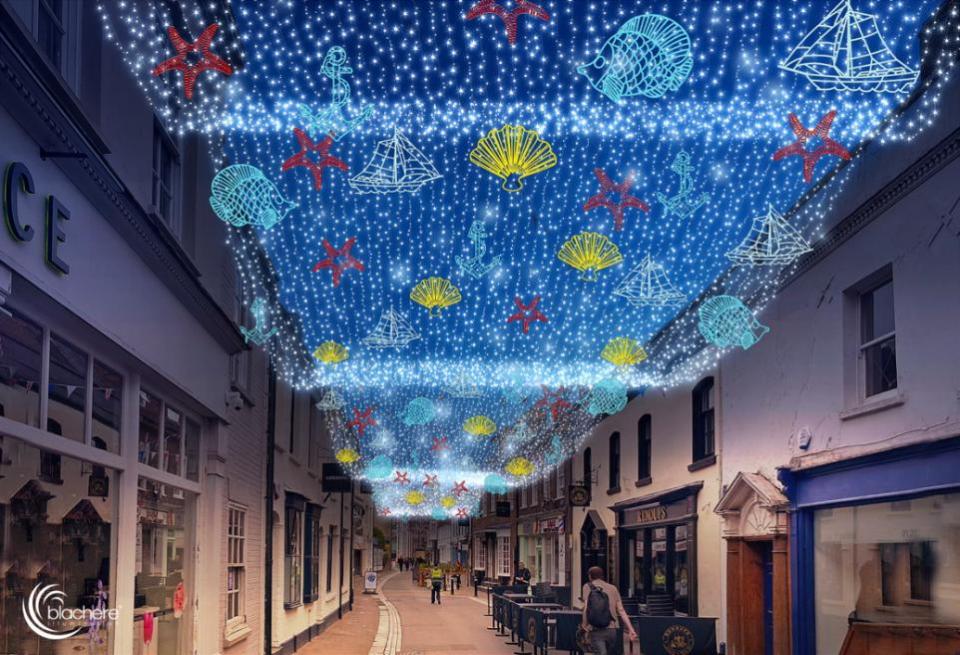 Bournemouth Echo: CGI del planeado Poole Christmas Maritime Light Festival.  Una 'cortina de luz' marítima sobre High Street.  Consejo BCP/Blachere