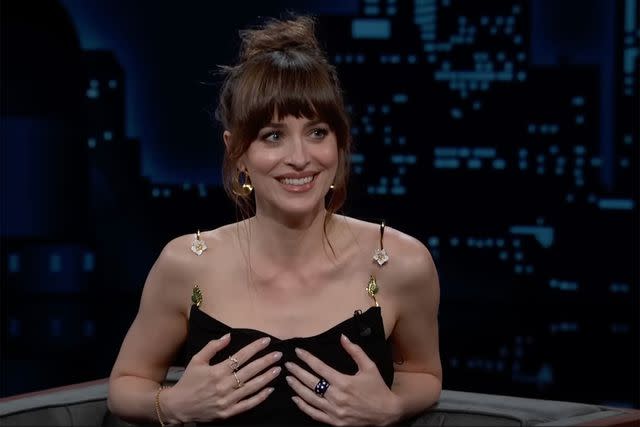 <p>ABC</p> Dakota Johnson has a wardrobe malfunction on 'Jimmy Kimmel Live'